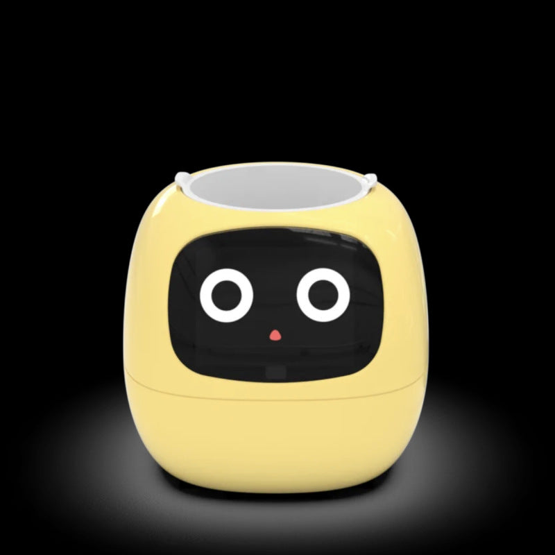 Yellow Robot Flower Pot with a black face on a dark background