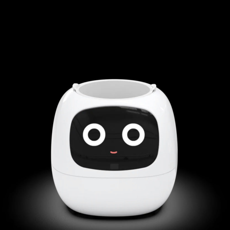 White Robot Flower Pot with a black face on a dark background