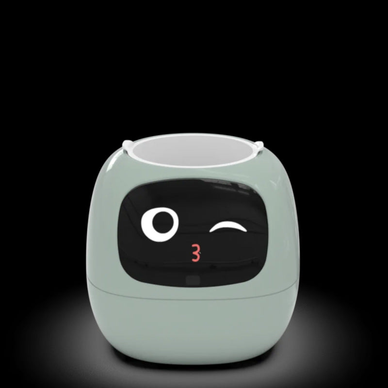 Green Robot Flower Pot with a face on a black background