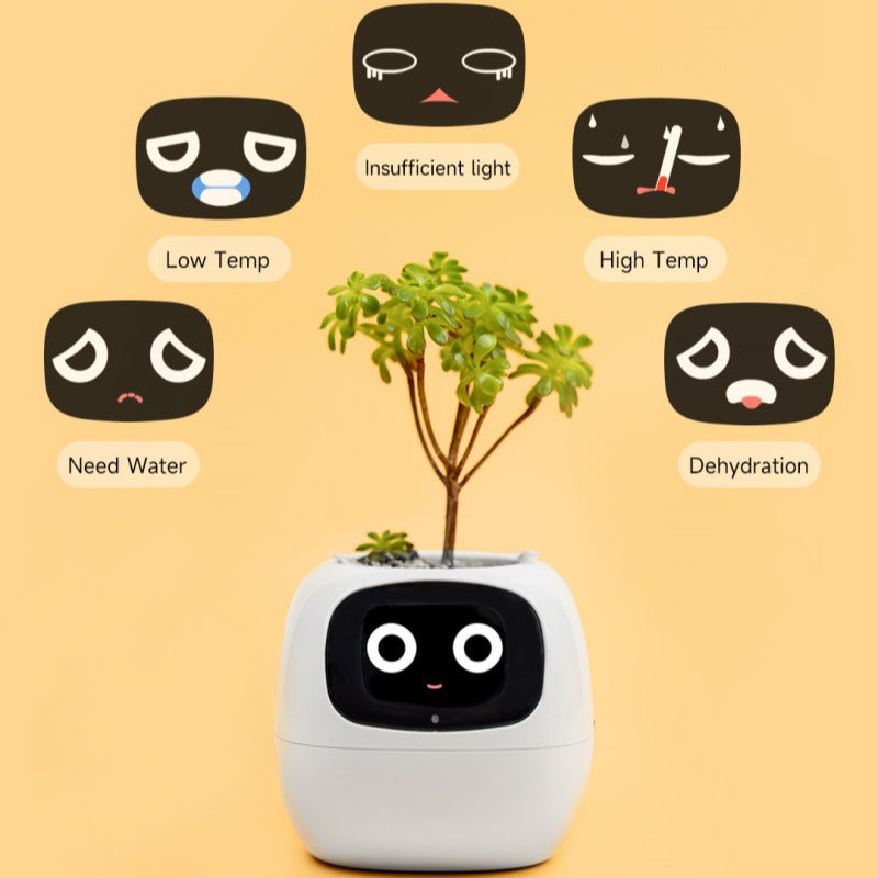 Smart plant pot with facial expressions indicating plant care needs on a beige background