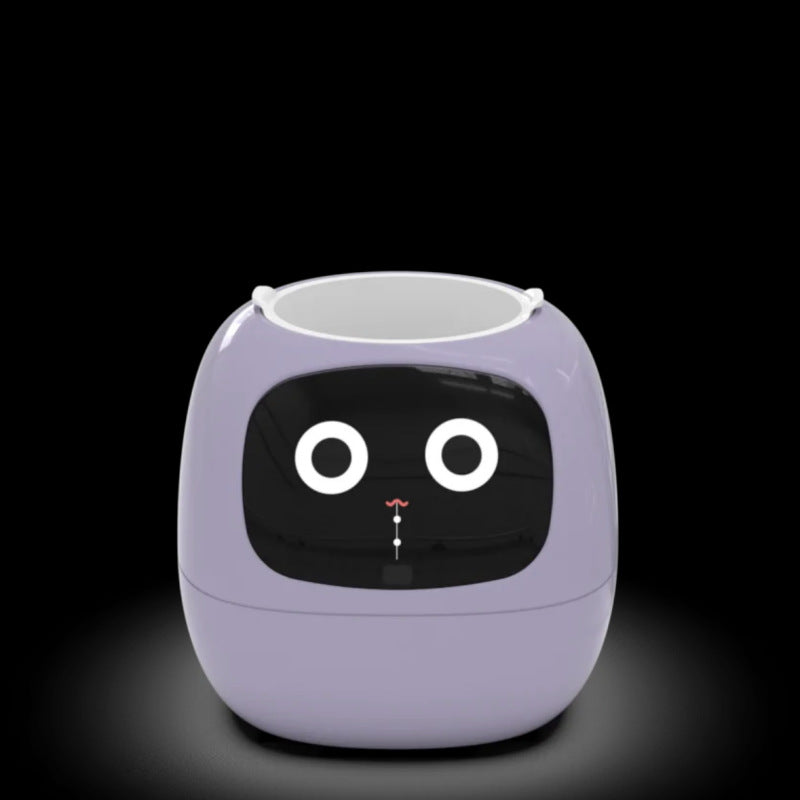 Purple Robot Flower Pot with a face on a black background