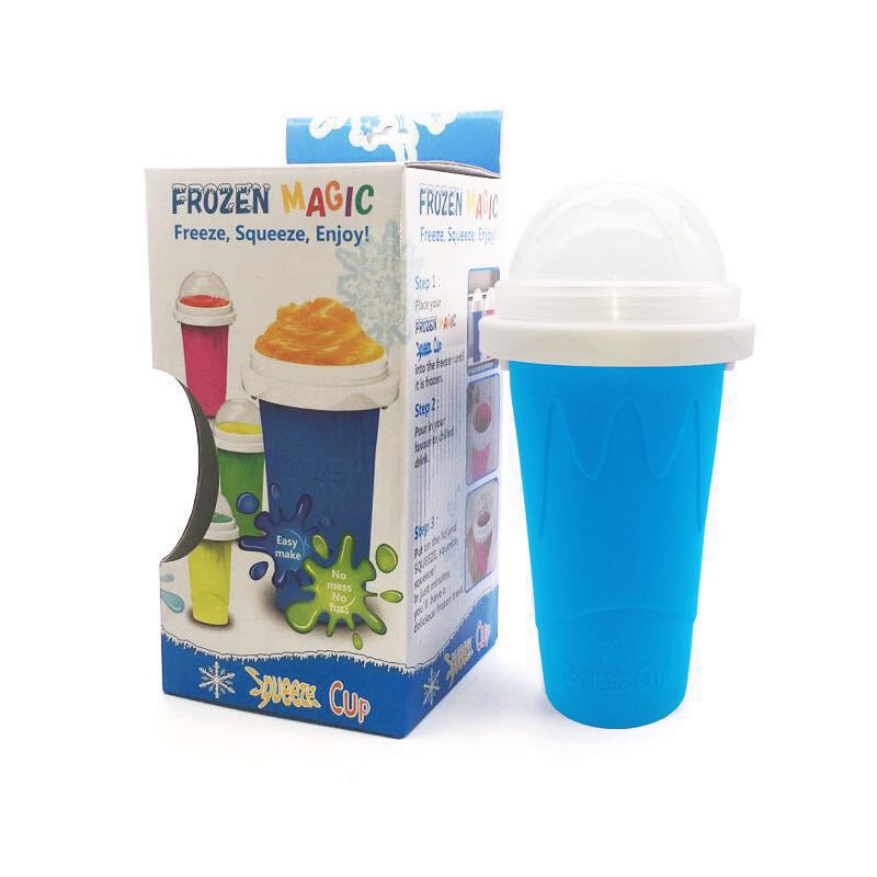 Blue Frozen Magic Squeeze Cup with packaging on a white background