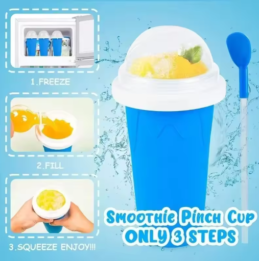 Blue smoothie slushy maker cup with instructions on a blue background
