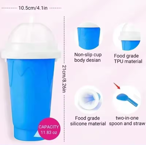 Blue and white slushy maker cup with features highlighted on a white background